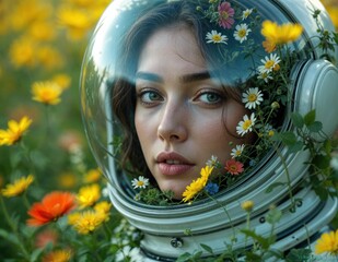 Surreal image of a girl astronaut with flowers close-up. AI generation