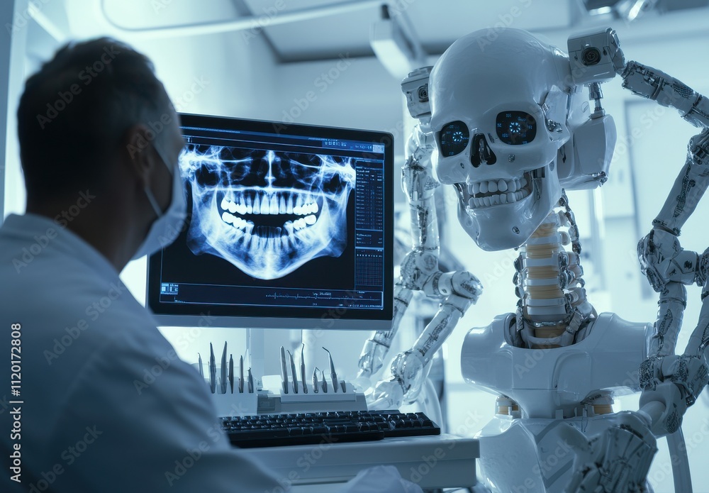 Poster advanced robotics in dentistry: a medical professional analyzing x-ray images on a computer screen w