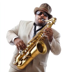 Fototapeta premium A musician passionately plays saxophone in stylish attire and sunglasses.