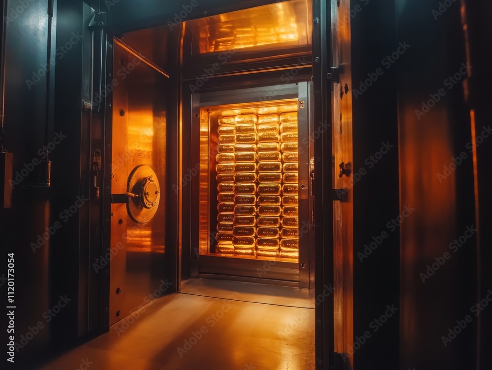 Poster aglow with richness: an inside view of a secure vault filled with gold bars, illuminated by warm lig