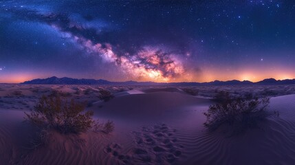 Obraz premium Stunning night sky with the Milky Way over desert dunes and sparse vegetation.
