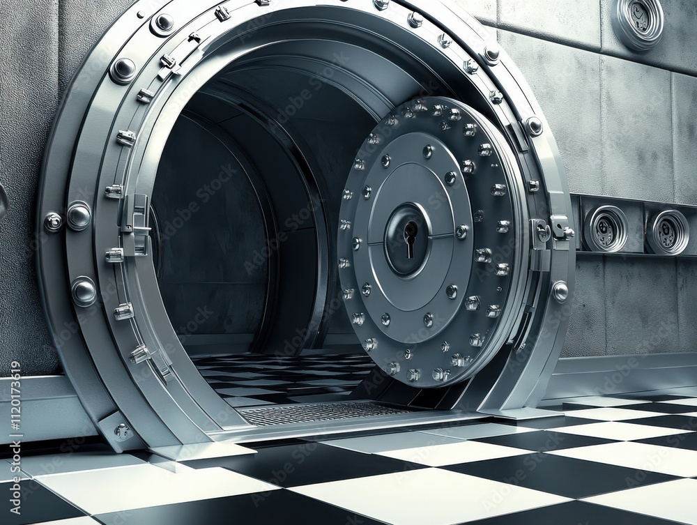 Aufkleber an intricate view of an open bank vault door in a modern secure facility with a checkered floor and 
