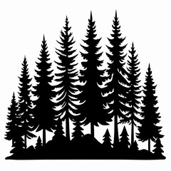 Black Silhouette of Pine Forest on White Background