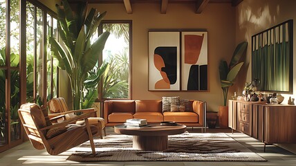 Fototapeta premium Sunlit living room with mid-century modern furniture, plants, and abstract art.