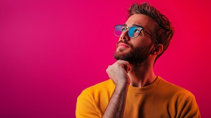 Obraz premium Thoughtful man in glasses with colorful background