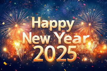 Festive Happy New Year 2025 with Colorful Fireworks and Confetti Celebration