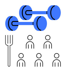 Dumbbells in blue black fork, and five people icons. Ideal for health, fitness, nutrition, community, teamwork, lifestyle, wellness Line metaphor