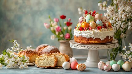 Obraz premium Create a Vibrant and Festive Easter Scene with Colorful Eggs, Spring Flowers, and Cheerful Decorations for Celebrating the Joy of Easter Holidays