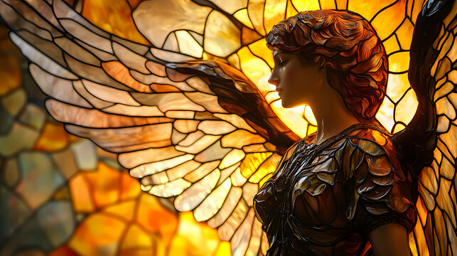 An angelic figure bathed in the golden light of sunset captured in the timeless beauty of stained glass. Seraphic. Illustration