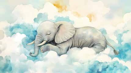 An elephant sleeps peacefully on fluffy clouds in a watercolor dream. Seraphic. Illustration