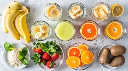Colorful arrangement of fruits and smoothies on a light background.