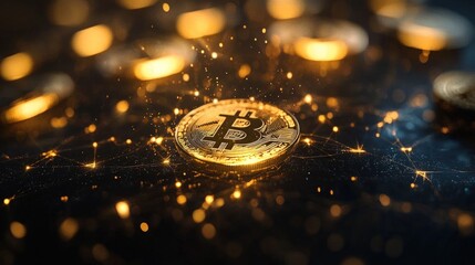 Glowing Bitcoin cryptocurrency coin on network.