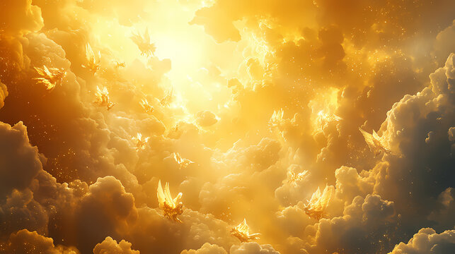 Celestial realm of seraphic beings amidst shimmering clouds and golden light, hyperrealistic photo. Seraphic. Illustration