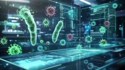 Green bacteria and red virus cells float within a blue holographic interface in a high-tech laboratory.