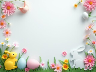 Fototapeta premium Paper cut design of a charming Easter bunny surrounded by vibrant eggs and blooming flowers, pastel colors, spring