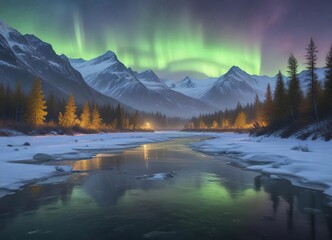 Fototapeta premium Gentle glow of the aurora borealis lights up the misty morning over the frozen Knik River in Alaska , frozen river, nature, aurora borealis