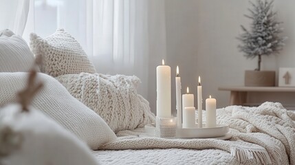 A modern, minimalist Scandinavian Christmas interior with an all-white color palette. The room is decorated with a few carefully placed holiday touches