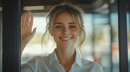 Smiling woman waving goodbye modern office portrait photography