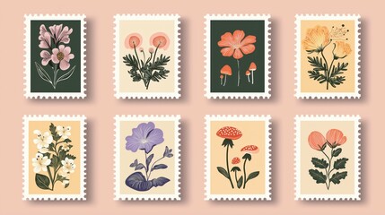 Fototapeta premium A set of retro postage stamps, floral vintage style.