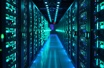 Fototapeta premium Futuristic hi-tech data server room with blue and green lights from rows of server racks