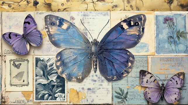 Vintage botany butterfly and flowers collage, decoupage paper, vintage background, retro wallpaper. 