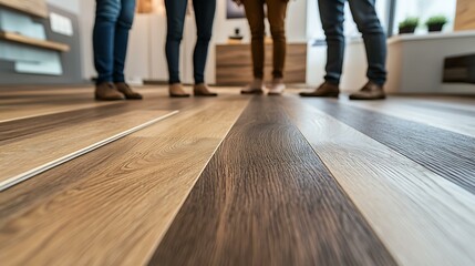 A real estate agent showing a young couple the detailed finishes of a home's wooden flooring