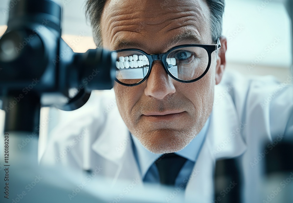 Poster close-up view of serious male scientist in laboratory looking through microscope with glasses, exami