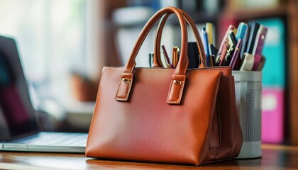 Stylish Close-Up of a Handbag Resting on a Desk with Colorful Pens in the Background