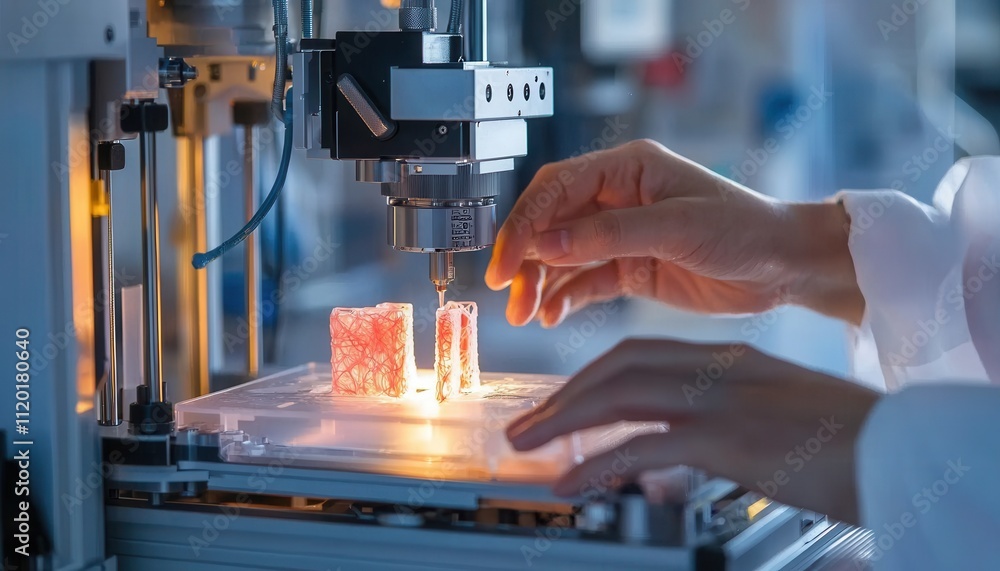 Poster close-up of hands manipulating 3d bioprinter creating tissue samples in a high-tech laboratory setti
