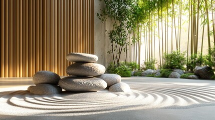 Serene zen garden with stacked stones, raked sand, bamboo, and s
