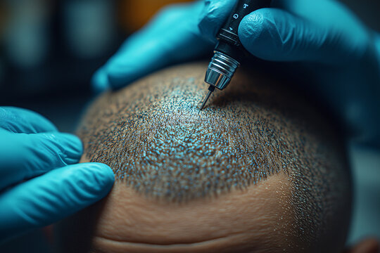 Professional performing precise scalp micropigmentation treatment with advanced equipment