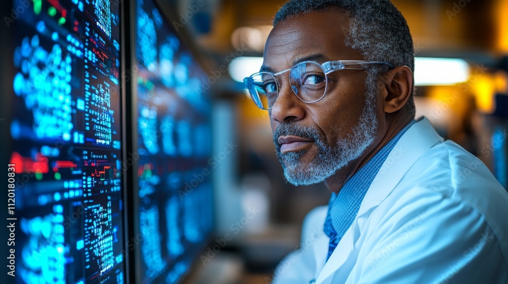 Poster a scientist analyzes data on multiple screens in a modern laboratory setting during evening hours
