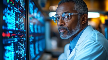 A scientist analyzes data on multiple screens in a modern laboratory setting during evening hours