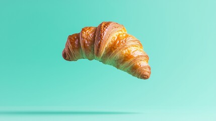 Croissant Floating Above a Turquoise Background with a Seamless Design for Culinary and Bakery Themes