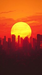 Fototapeta premium City Skyline Sunset Fiery Orange Sun Glowing
