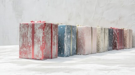 A row of elegant 3D Christmas gift boxes with a variety of colorful paper designs, including glittery and metallic finishes, placed on a snowy background.
