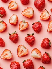 Freshly Sliced Strawberries Arranged Flat on Pink Background for Creative Culinary Photography