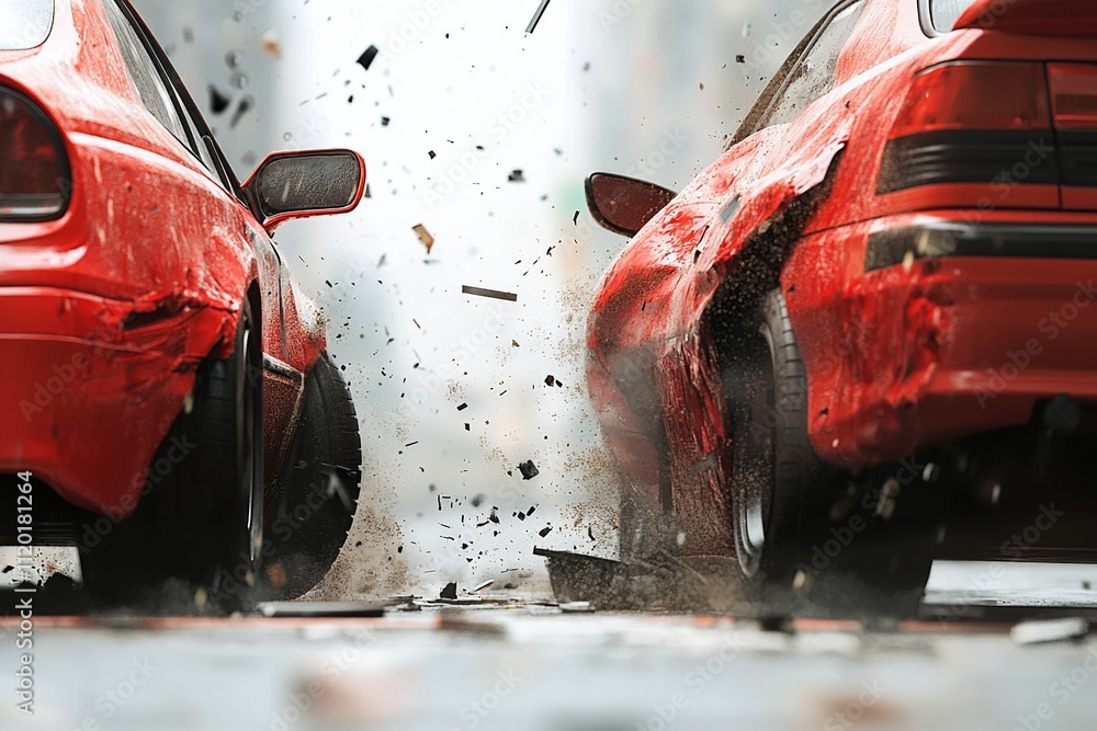 Poster a realistic depiction of a street accident involving two crashed cars. the scene captures the signif