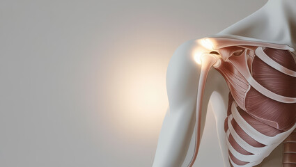 anatomical illustration of shoulder, highlighting muscles and glowing point of interest on shoulder joint.