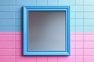 A blue-framed mirror hangs on a pastel-colored tiled wall, reflecting a simple, modern design.