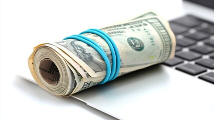 Rolled US dollar bills on laptop.