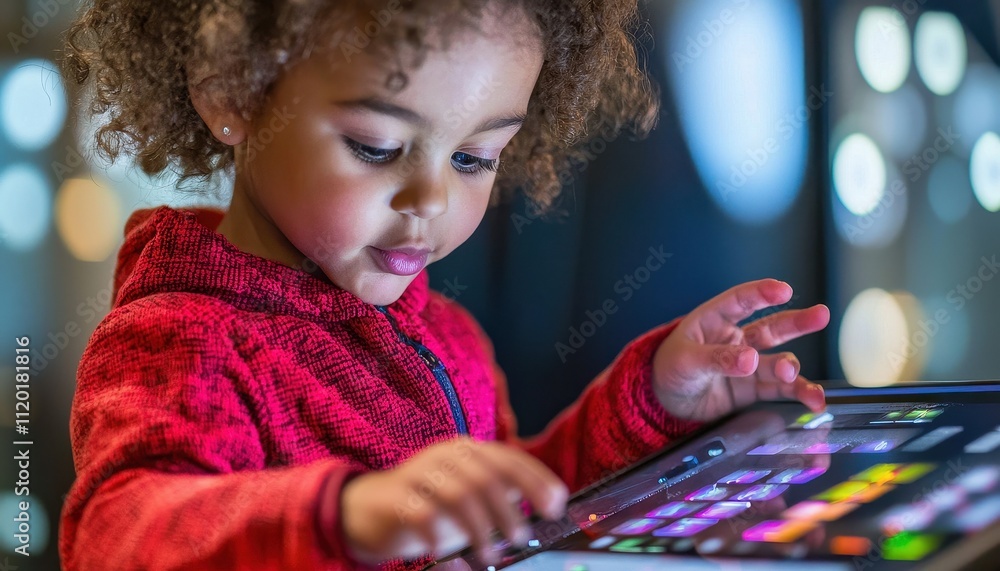Aufkleber young child engaged in experimenting with digital tablet and interactive apps, exploring technology 