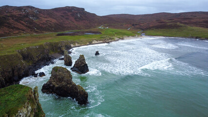 Aerial view of sea stacks on Outer Hebridean coastline
