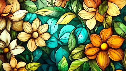 Vibrant Floral Pattern with Colorful Flowers and Lush Green Leaves
