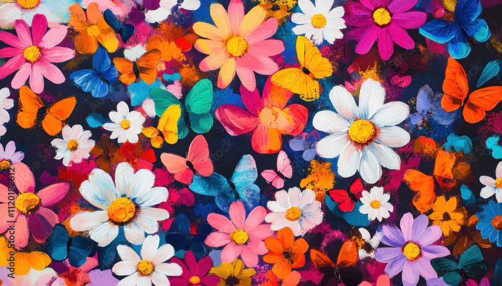 Poster abstract design with randomly scattered colorful flowers and butterflies on a dark background