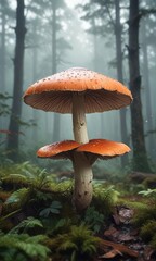Large parasol mushroom in a misty forest environment , forest landscape, wild mushrooms, giant toadstool
