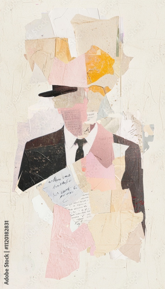 Poster abstract digital collage featuring figures and text elements in soft colors and varied textures
