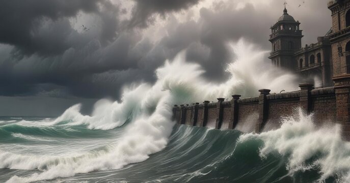 Large waves tower above the parapet as a hurricane intensifies its assault on the shore, rough seas, sea wave, ocean swell