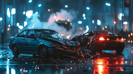 A realistic depiction of a street accident involving two crashed cars. The scene captures the significant damage and aftermath of the collision on a busy street.


