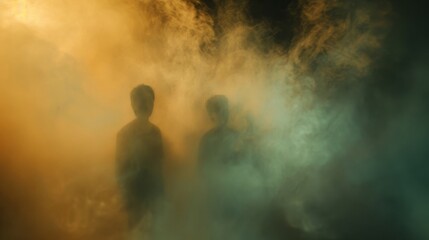 Fototapeta premium Two people are standing in a foggy, hazy environment. The atmosphere is mysterious and eerie, with the smoke and fog creating a sense of unease. The two figures are silhouetted against the backdrop